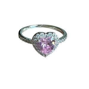 NEW White Gold Plated Heart Ring w/ Pink Cubic Zirconia & Halo Accent Size 9